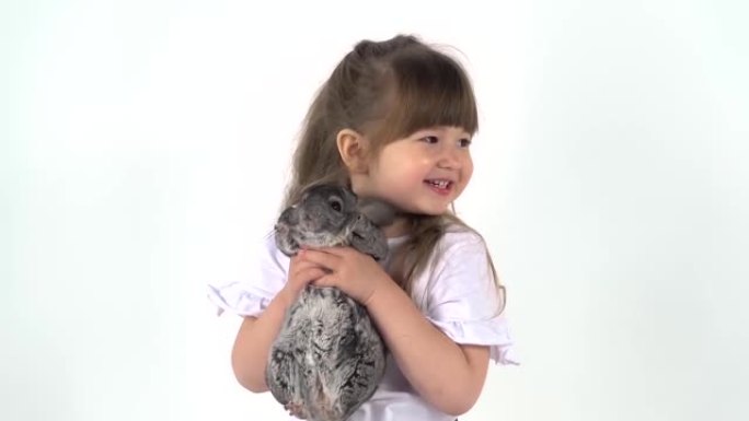 可爱的孩子抱着白色背景的灰色龙猫。快乐的童年概念。工作室视频儿童情感。特写