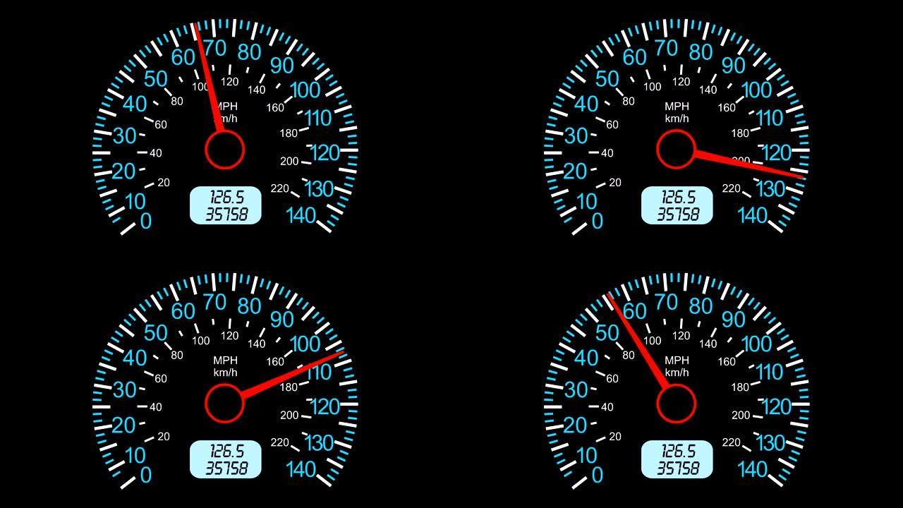 汽车速度计和移动指针，在黑屏背景上。4k动画。