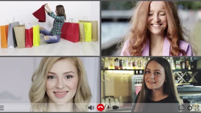 使用视频会议技术与国外朋友进行视频通话的年轻女性分组。