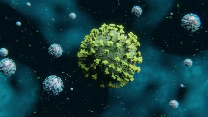 绿色新型冠状病毒肺炎日冕流感病毒分子，蓝色对比分子漂浮在颗粒中-nCOV冠状病毒大流行疫情封面照片3