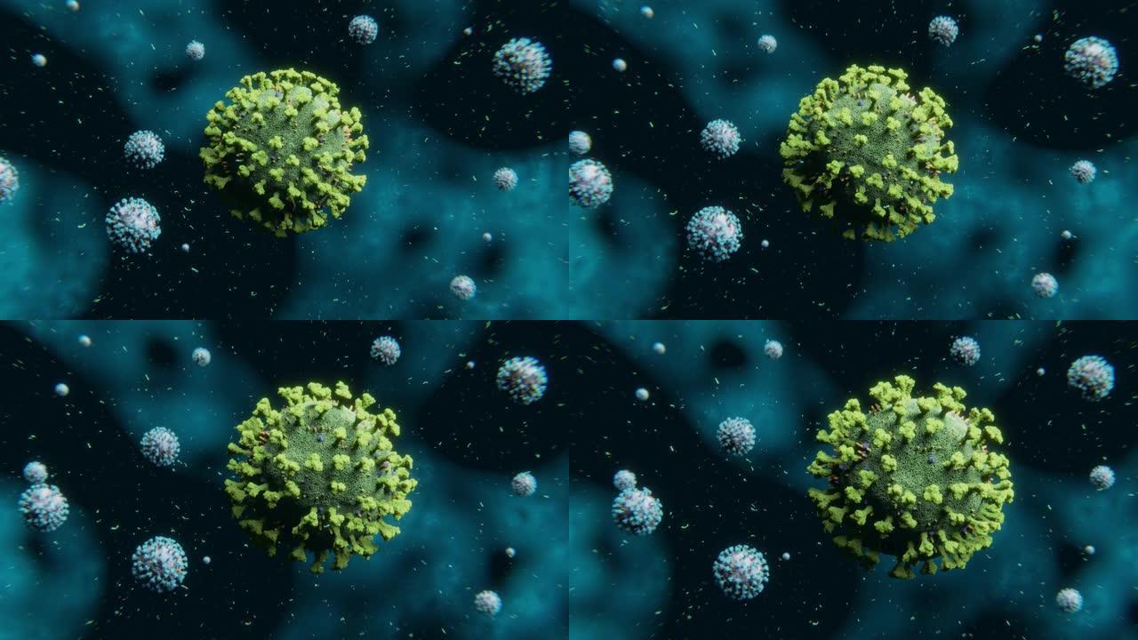 绿色新型冠状病毒肺炎日冕流感病毒分子，蓝色对比分子漂浮在颗粒中-nCOV冠状病毒大流行疫情封面照片3