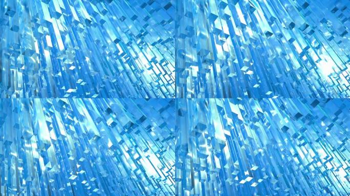 明亮的蓝色背景动画。从简约的蓝色立方体形状抽象动画的想法。呈现循环演示。
