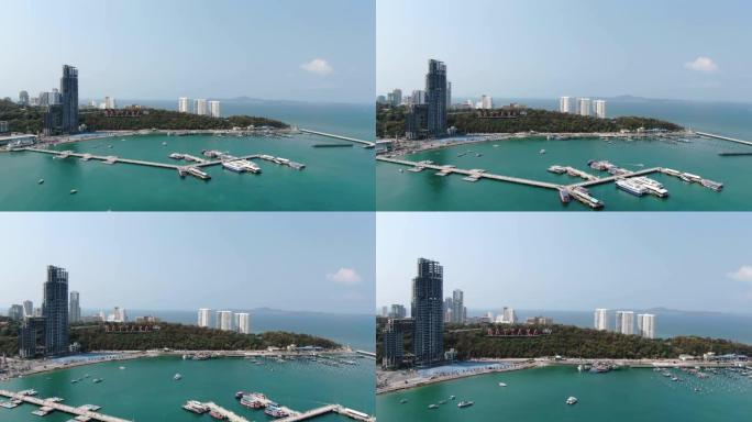 用无人机拍摄4k。泰国春武里府芭堤雅海滩的游客。美丽的风景帽子芭堤雅海滩。