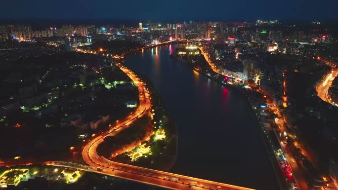 航拍内江市沱江夜景