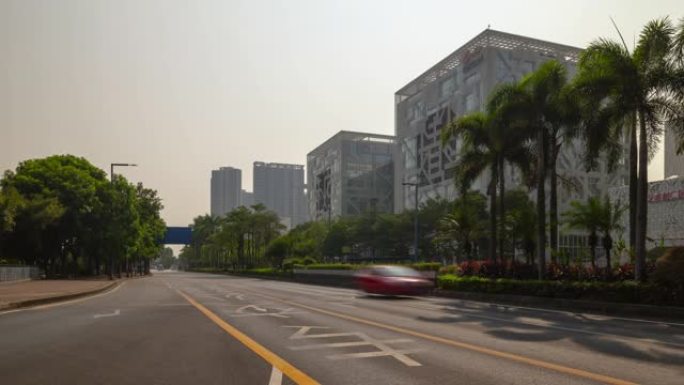 阳光灿烂的一天佛山市现代图书馆交通街延时全景4k中国