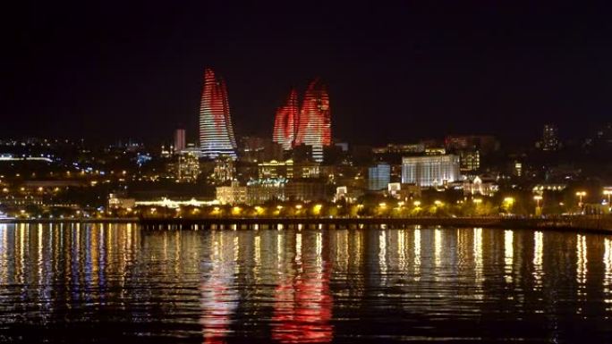 阿塞拜疆巴库夜市景观中的火焰塔