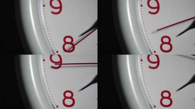 八号和九号之间的时钟片段。秒手在跑。特写镜头。