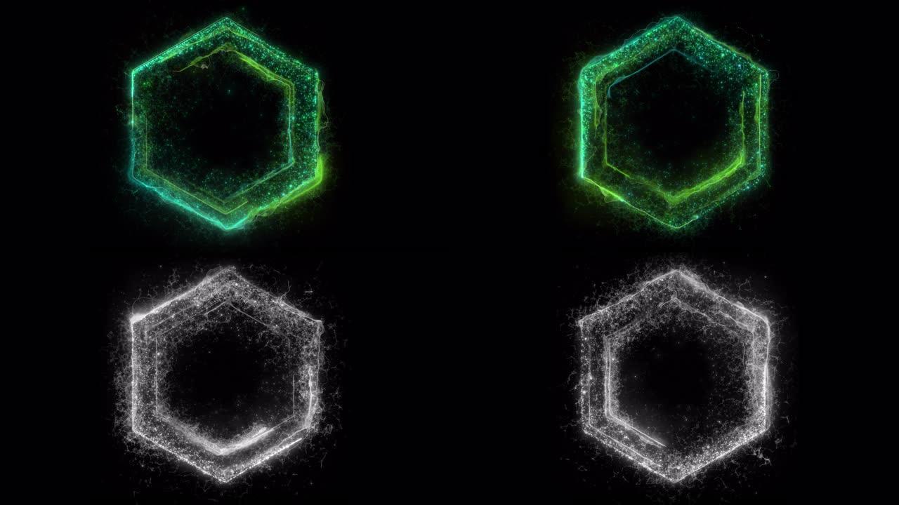 无缝循环。绿色六角形电门的动画，由闪电，能量和粒子组成，隔离在黑色背景上，alpha luma ma