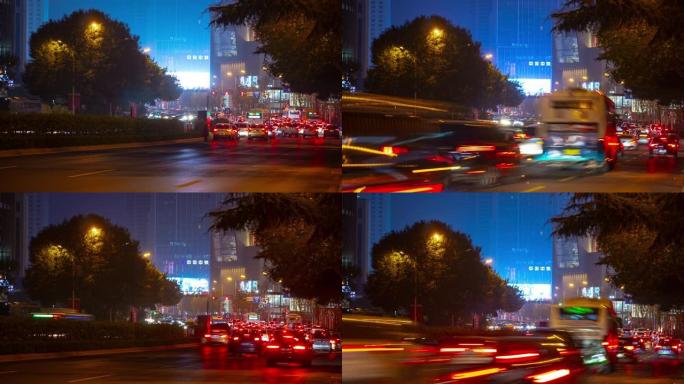 夜间照明青岛市市中心交通街延时全景4k中国