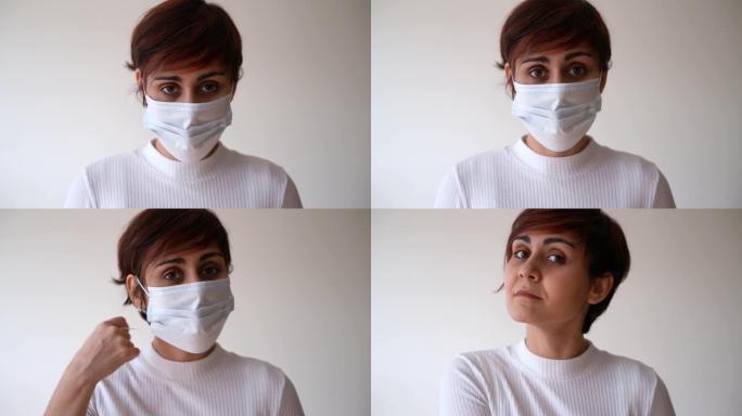 一名年轻女子戴着一次性口罩，以掩盖口腔内可能的细菌。