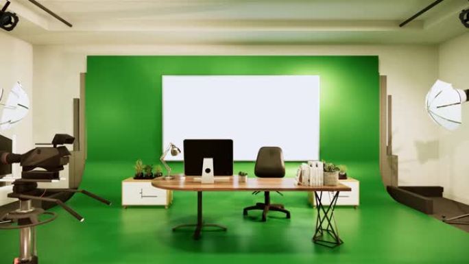 工作室-带有白色屏幕的现代电影工作室。3D渲染
