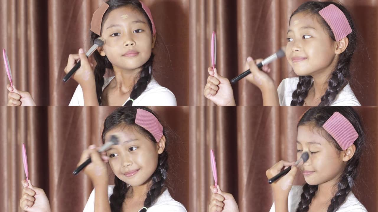 一个长发的亚洲女孩在化妆时用刷子刷脸。