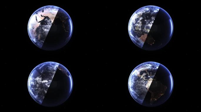 地球，白天和黑夜的分割视图。3d地球。通过宇宙，恒星和平流层4k旋转动画。