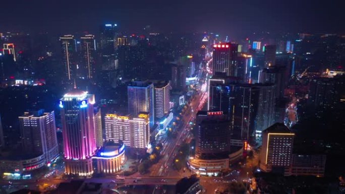 夜间照明长沙市市区交通街道航空全景4k中国