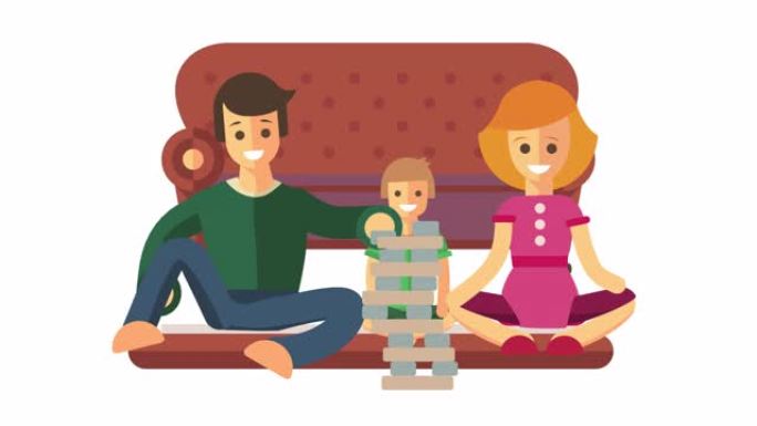 幸福的家庭。父亲，母亲和婴儿在玩jenga。
