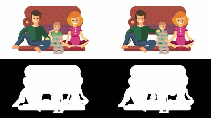 幸福的家庭。父亲，母亲和婴儿在玩jenga。