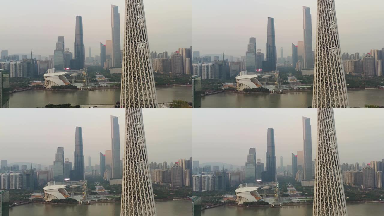 广州市中心日落时间河畔海湾大厦市中心空中全景4k中国