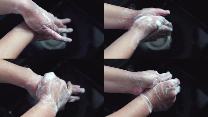 电晕病毒旅行预防男子展示手卫生用热水肥皂洗手冠状病毒细菌传播保护