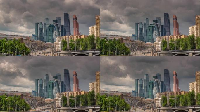 夏日风暴天空莫斯科现代城市全景4k延时俄罗斯