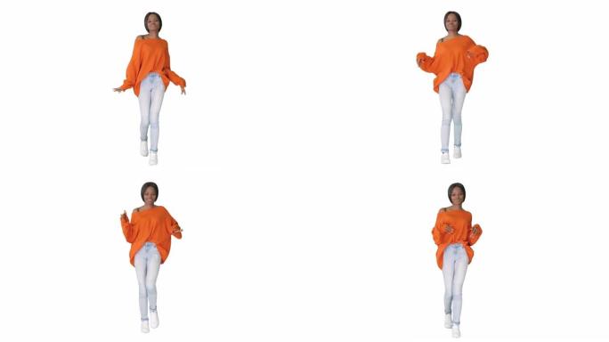 非洲裔美国女孩在白色背景上跳舞