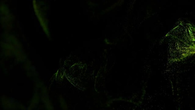 黑色背景下的绿色发光粒子流进入球形场，放置您的文字，徽标。阿尔法通道作为亮度哑光。平流的油墨效应。