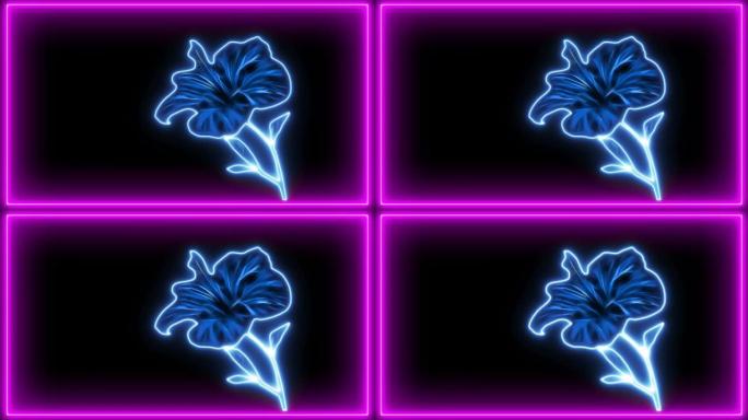 抽象霓虹背景与粉红色框架中的蓝色花朵