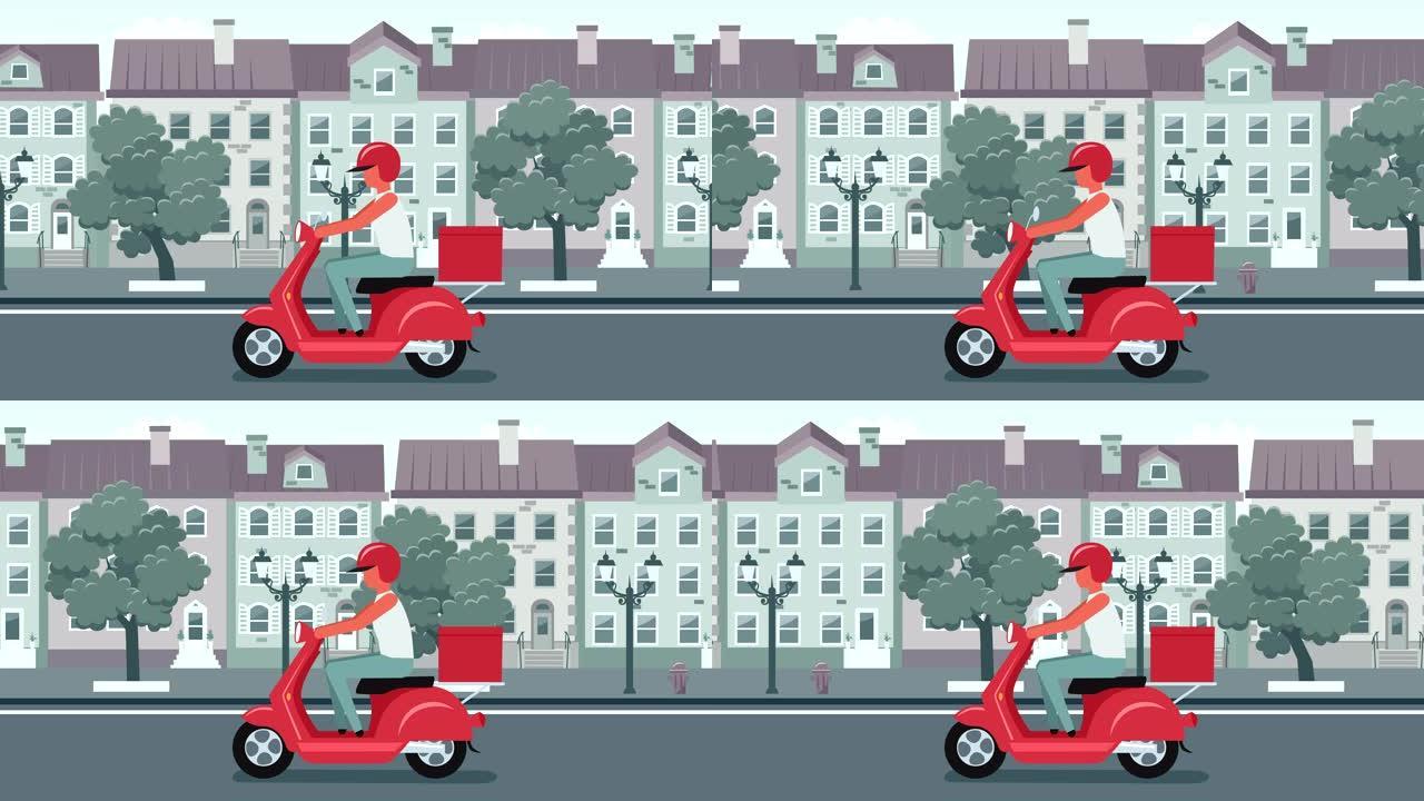 彩色棍棒人物人物骑在红色摩托车城市送货动画