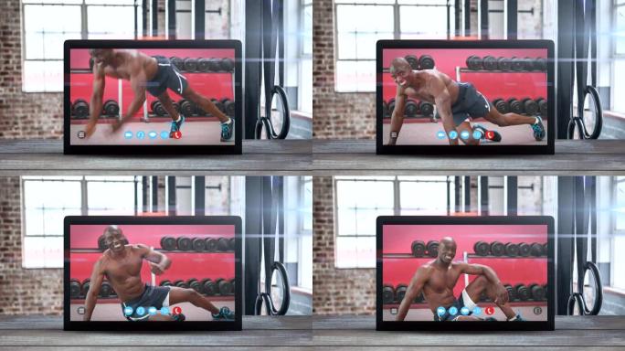 平板电脑动画显示一个非洲裔美国人在锻炼。冠状病毒传播