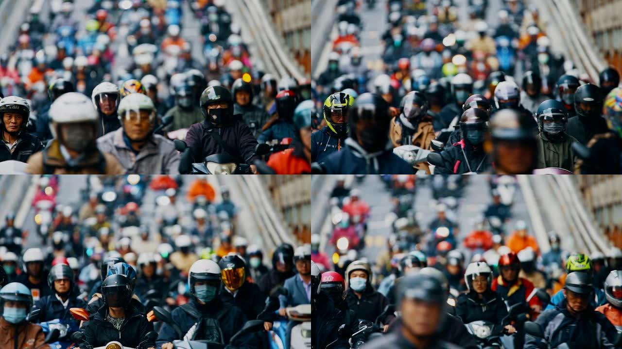 摩托车瀑布，拥挤的人在台北骑踏板车
