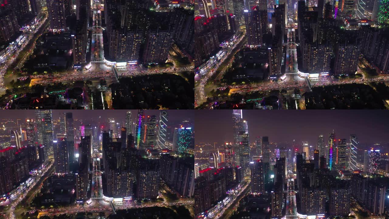 广州市中心夜间照明繁忙交通街道十字路口空中俯拍全景4k中国