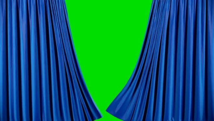 蓝色天鹅绒剧院窗帘在运动。用绿色色度键打开窗帘。