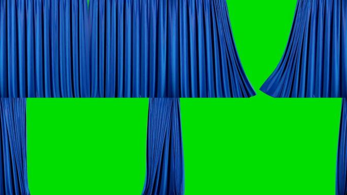 蓝色天鹅绒剧院窗帘在运动。用绿色色度键打开窗帘。
