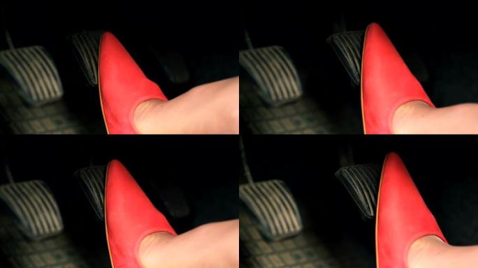 4K.穿红色高跟鞋的女人踩汽车踏板