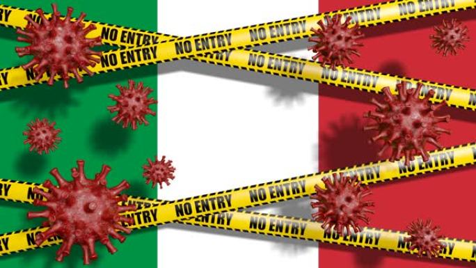意大利国旗和没有入口标志。循环抽象冠状病毒背景