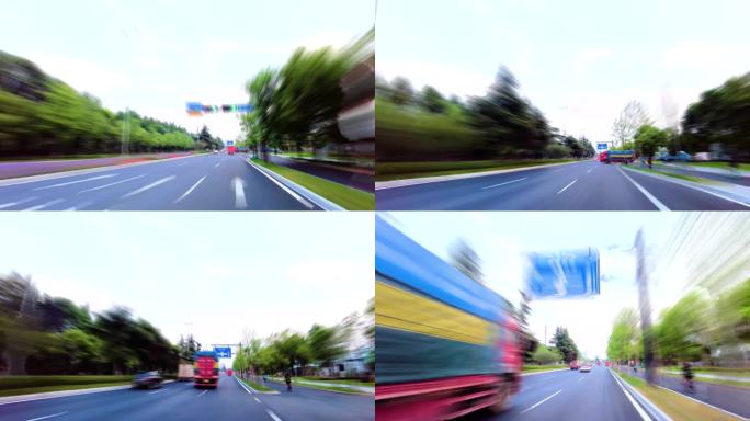 汽车在马路上飙车快速行驶开车第一视角