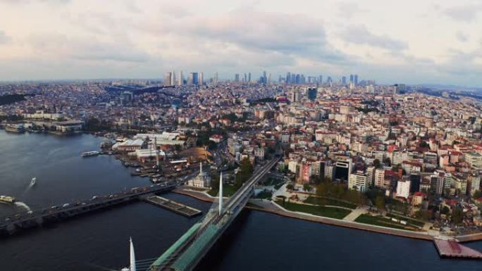 无人机拍摄:土耳其伊斯坦布尔日出时的实时4K鸟瞰图。