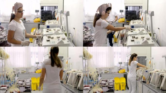 实验室中从事血液和血浆过滤工作的年轻护士