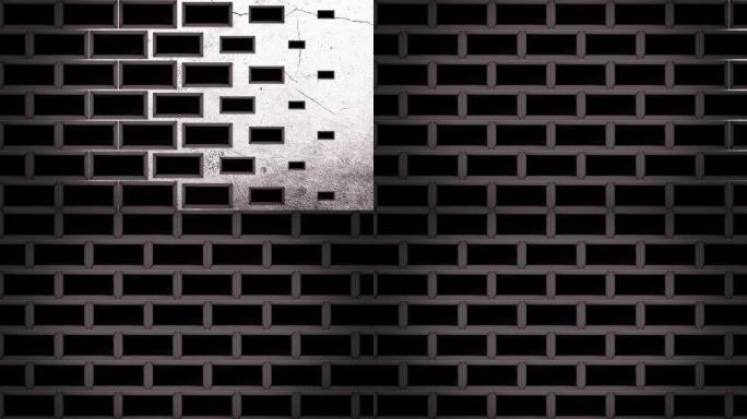 抽象的黑砖出现并在灰色背景上形成墙壁。动画。飞行相同大小的矩形站在水平平行的行中，单色