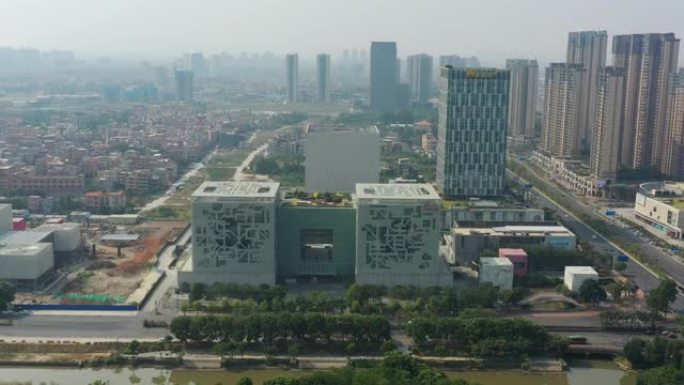 夏日佛山市现代图书馆交通街空中全景4k中国