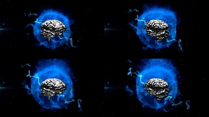 3d金属人脑在黑色背景上旋转的蓝色地球上的动画