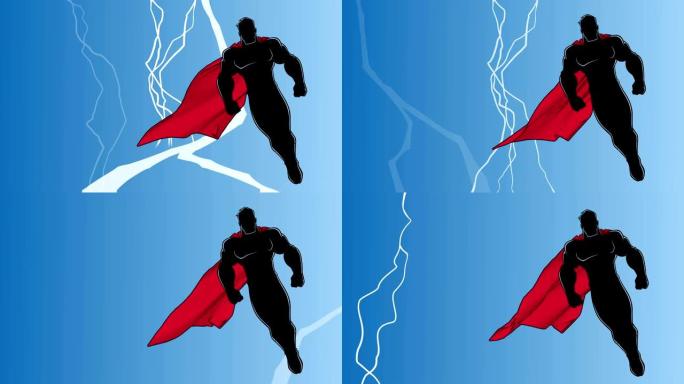超级英雄在雷暴剪影中飞行