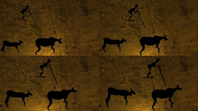 猎人和两只鹿沿着一堵石墙移动，火光一闪