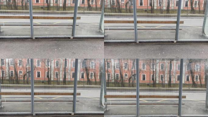 俄罗斯圣彼得堡普希金，空玻璃和金属公交车站候车亭。