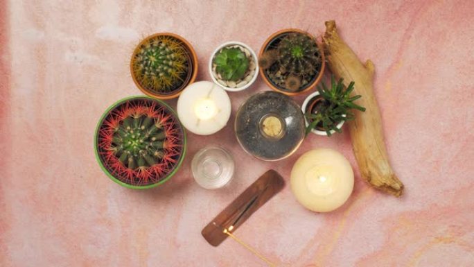 粉红色沙质桌上的香香，各种仙人掌和蜡烛的俯视图。
