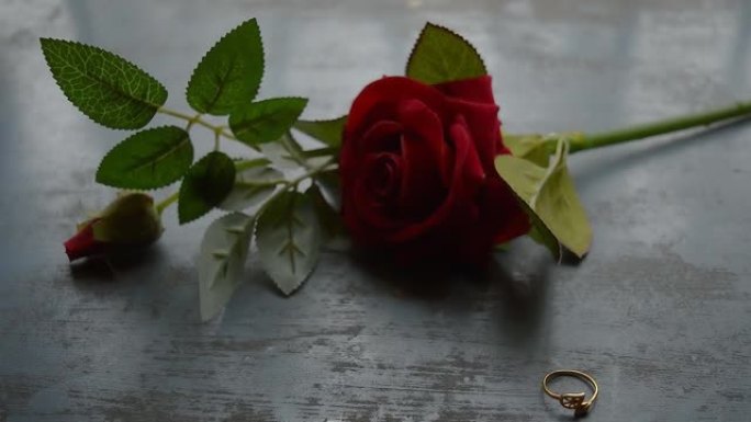 在乡村金属地板上关闭黄金订婚戒指珠宝。背景中柔和的浪漫红玫瑰花朵。情人节婚礼和假期的爱情提议或提议概