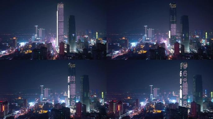 长沙市夜景照明市中心交通街河滨湾空中全景4k中国