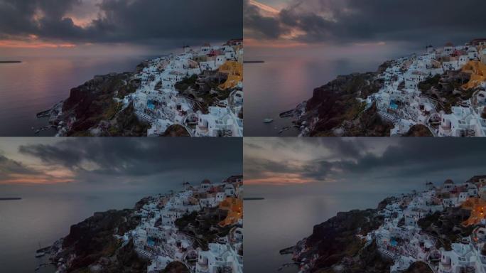 日落天空圣托里尼岛伊亚镇湾海岸线全景4k延时希腊