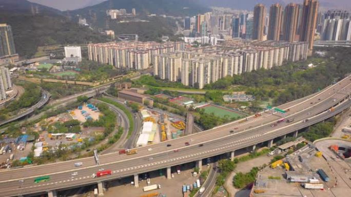 白天时间香港城市景观交通道路堵塞空中全景4k