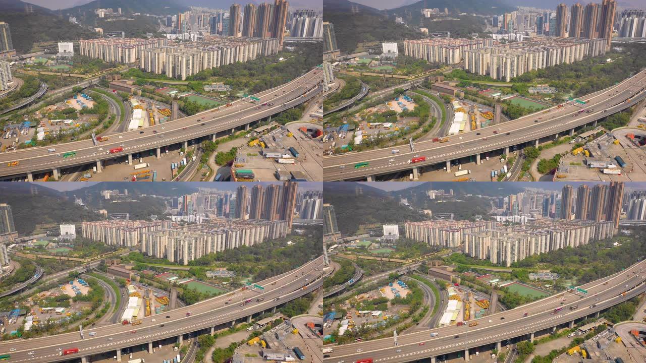 白天时间香港城市景观交通道路堵塞空中全景4k