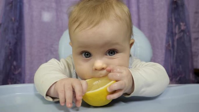 一个小男孩品尝柠檬。